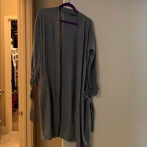 Gray, long cardigan with tie sleeves